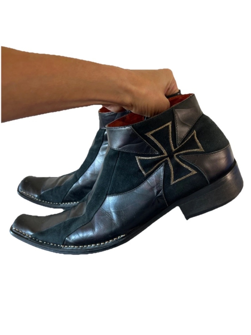 Vintage Y2K Leather Cross Ankle Boots Black Biker Gothic Western Mens 9 , W 10.5